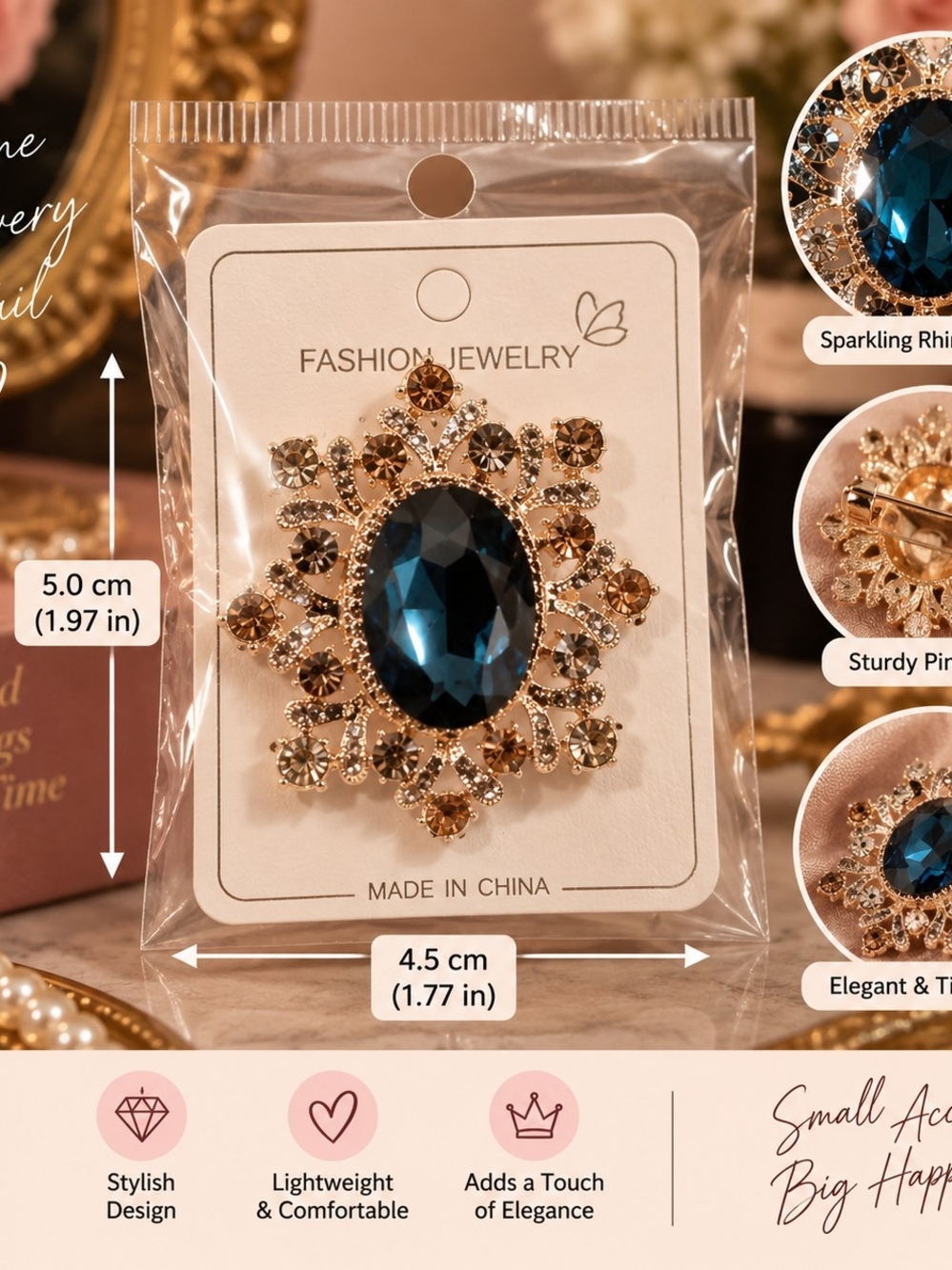 Fashion Jewelry Gold-Tone Brooch with Dark Blue Oval Crystal